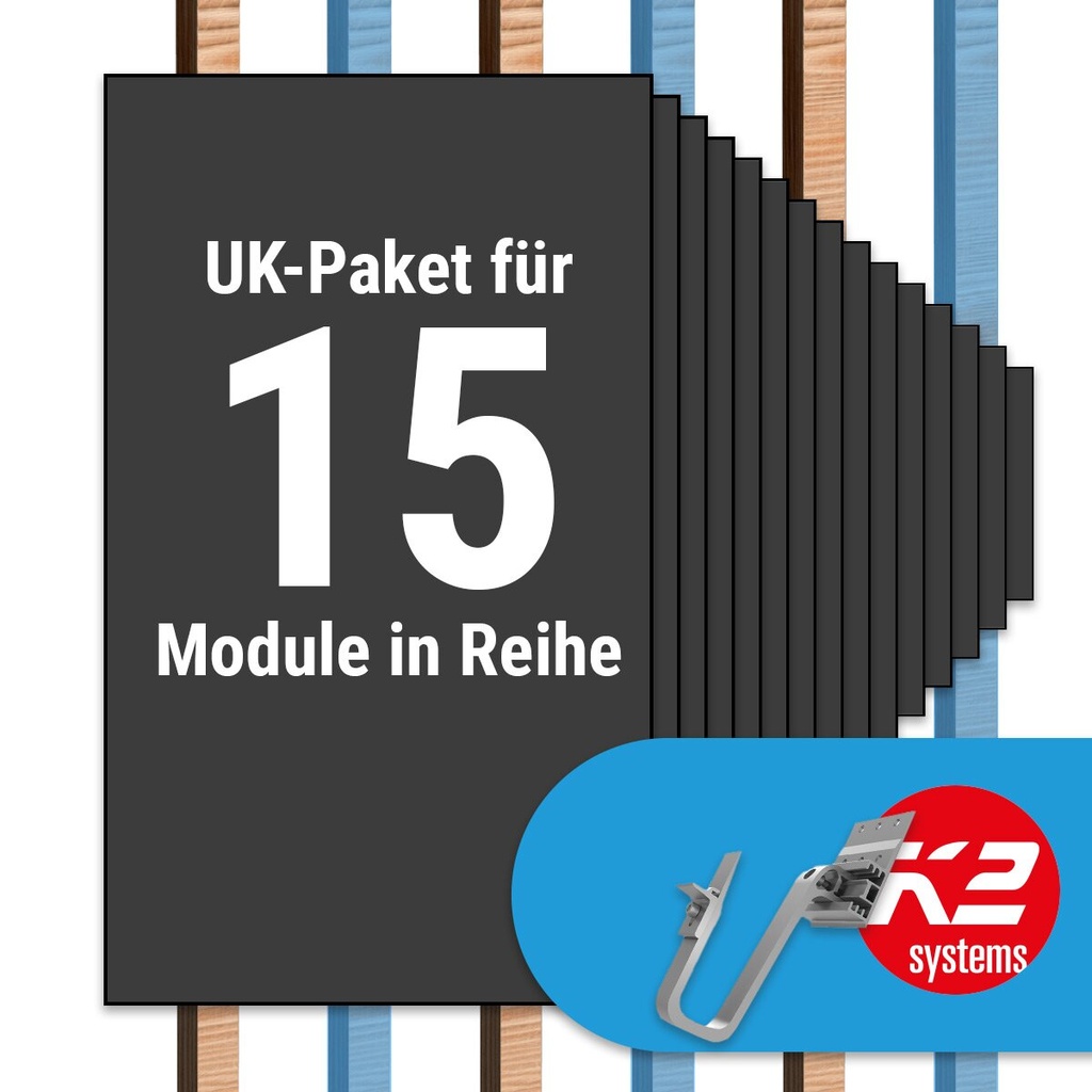 [A07020] K2 Paket Ziegeldach: 1 Reihe x 15 Module (K2 3S Long Dachhaken: Jeder 2. Sparren) | A07020