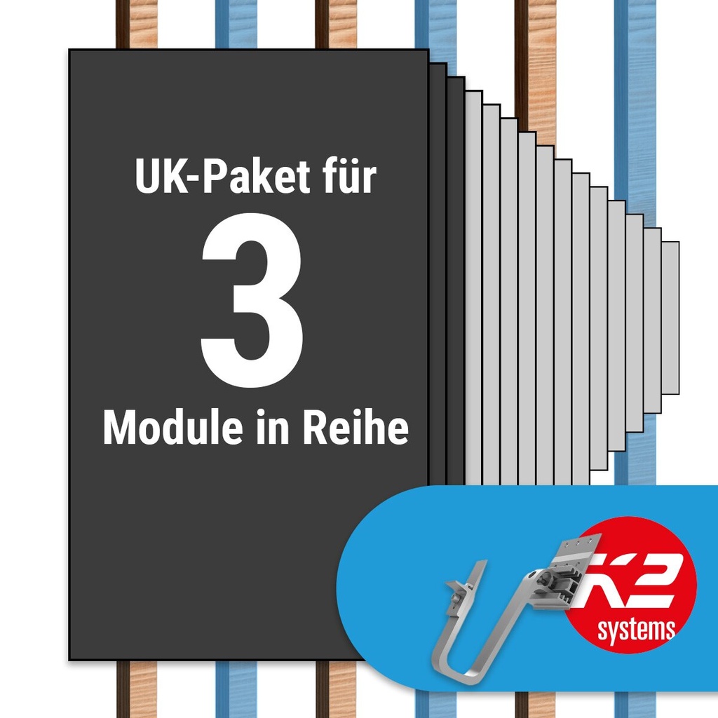 [A07008] K2 Paket Ziegeldach: 1 Reihe x 3 Module (K2 3S Long Dachhaken: Jeder 2. Sparren) | A07008