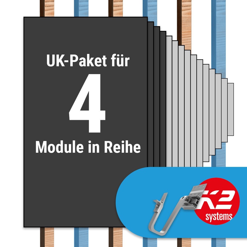 [A07009] K2 Paket Ziegeldach: 1 Reihe x 4 Module (K2 3S Long Dachhaken: Jeder 2. Sparren) | A07009