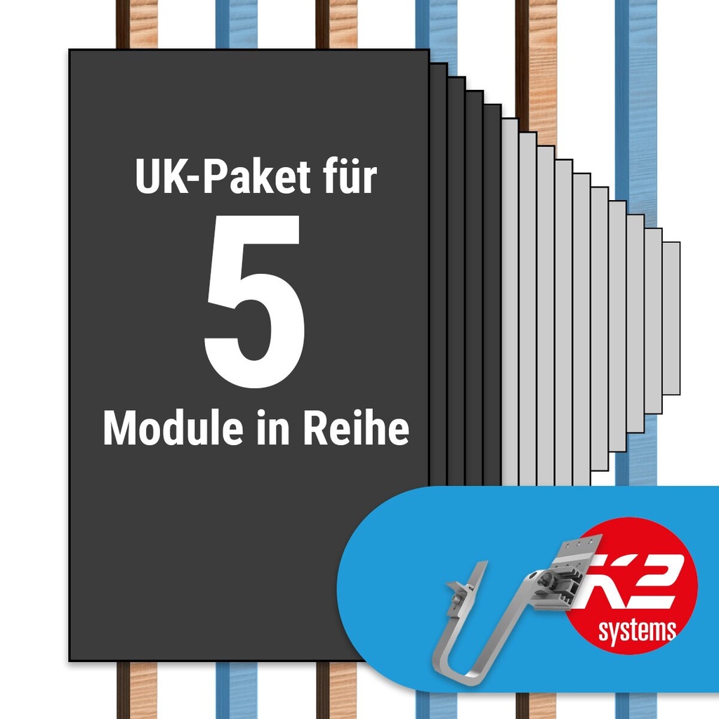[A07010] K2 Paket Ziegeldach: 1 Reihe x 5 Module (K2 3S Long Dachhaken: Jeder 2. Sparren) | A07010