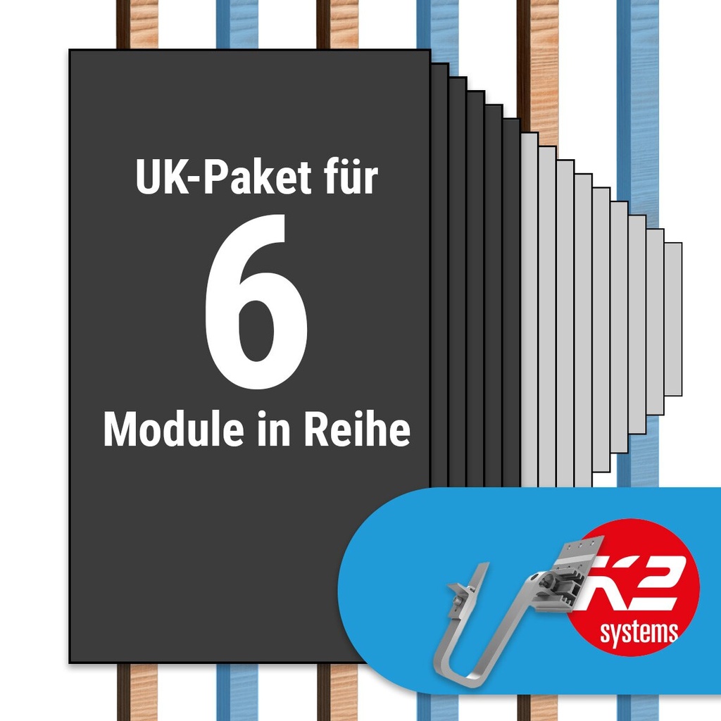 [A07011] K2 Paket Ziegeldach: 1 Reihe x 6 Module (K2 3S Long Dachhaken: Jeder 2. Sparren) | A07011