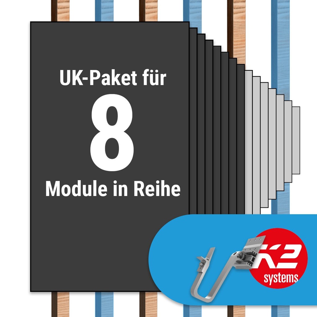 [A07013] K2 Paket Ziegeldach: 1 Reihe x 8 Module (K2 3S Long Dachhaken: Jeder 2. Sparren) | A07013