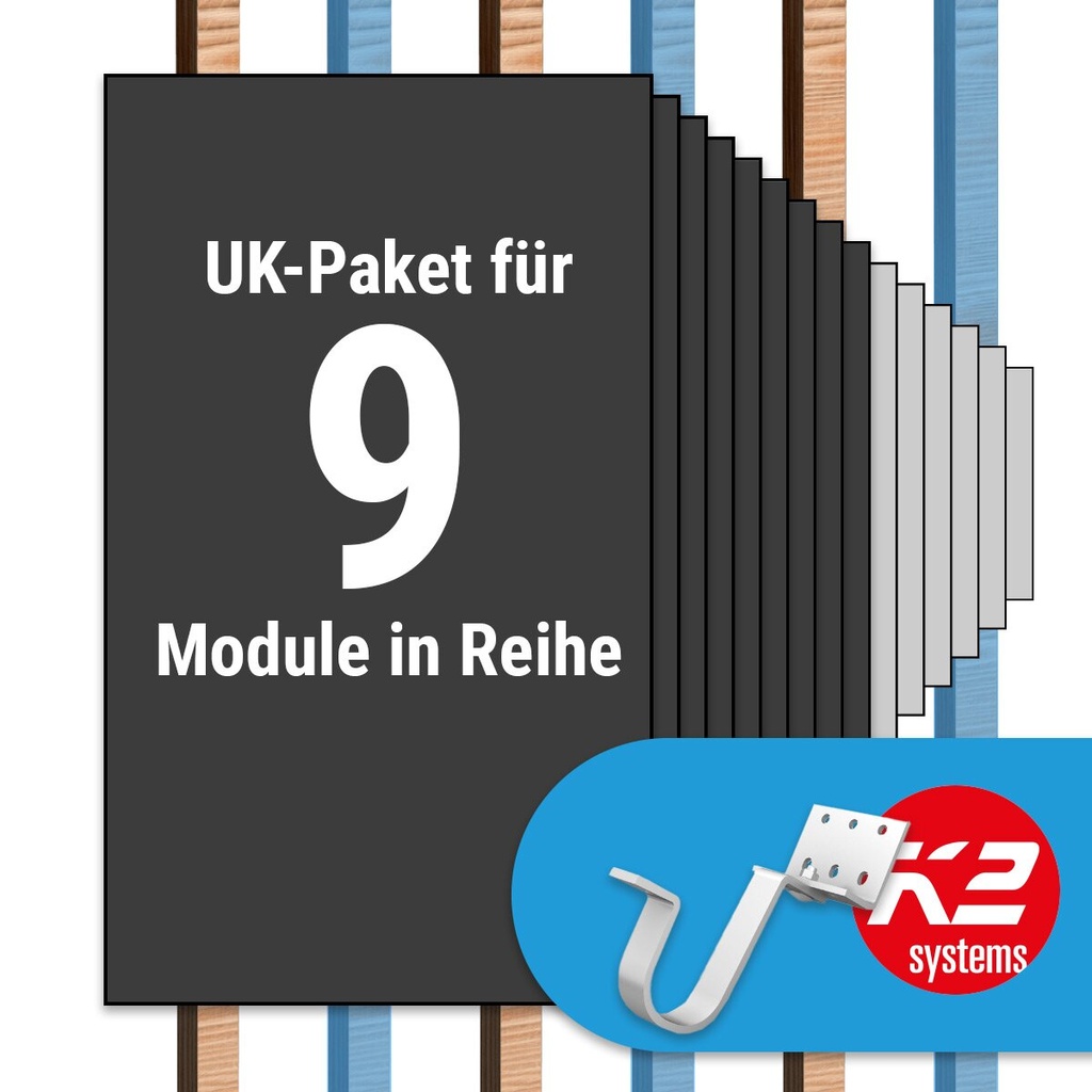 [A07043] K2 Paket Ziegeldach: 1 Reihe x 9 Module (K2 Vario Set Dachhaken: Jeder 2. Sparren) | A07043