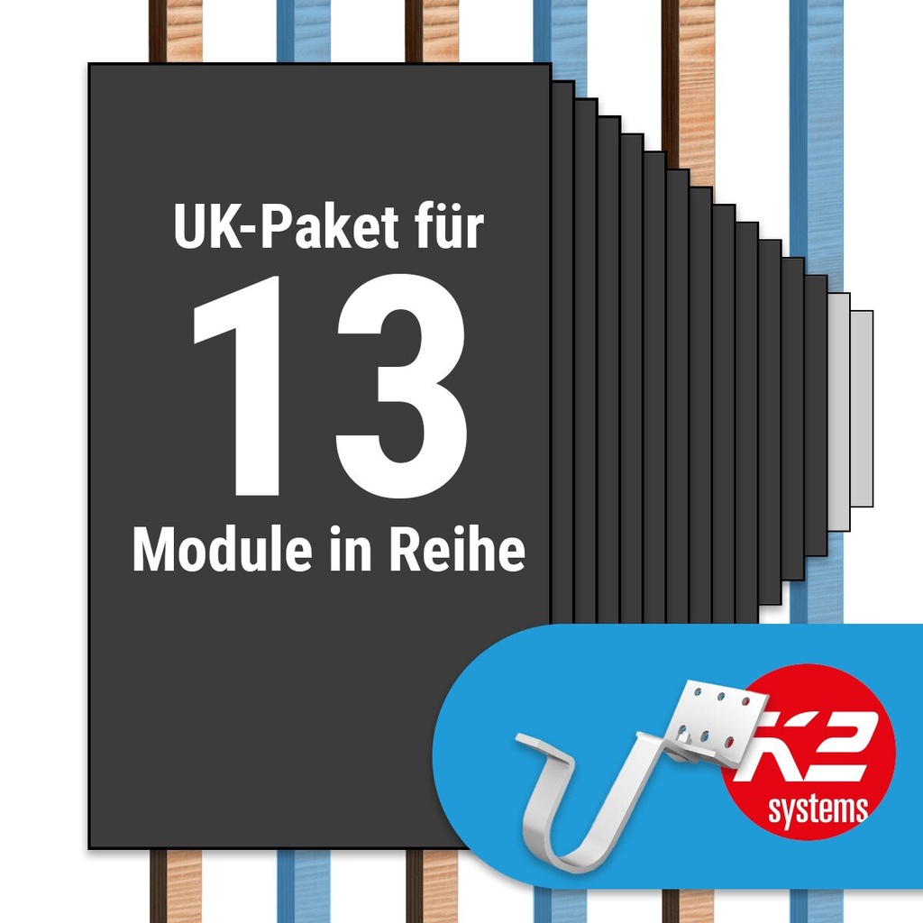 [A07047] K2 Paket Ziegeldach:: 1 Reihe x 13 Module (K2 Vario Set Dachhaken: Jeder 2. Sparren) | A07047
